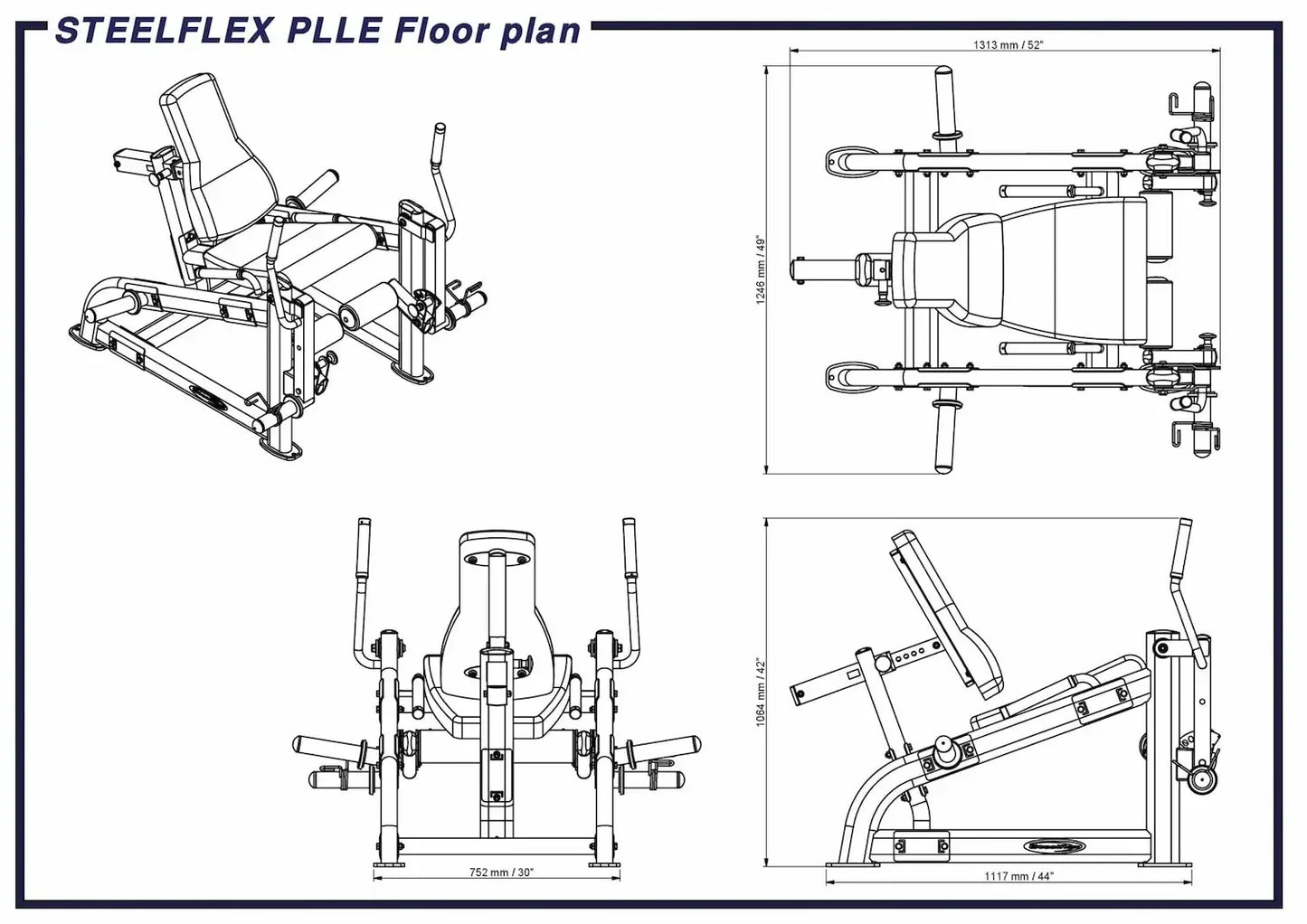 STEELFLEX PLLE Kraftstation Maßzeichnung für Homegym & Studio mit Abmessungen