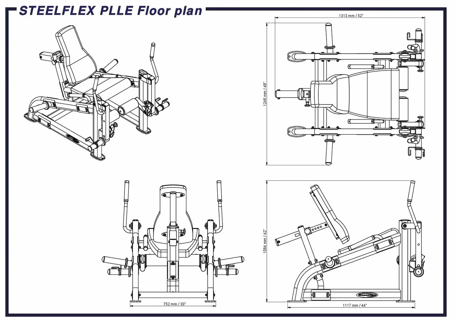 STEELFLEX PLLE Kraftstation Maßzeichnung für Homegym & Studio mit Abmessungen