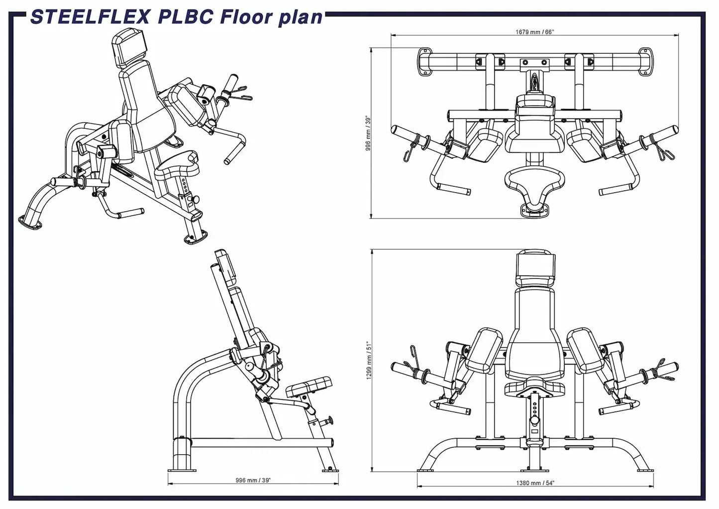 STEELFLEX PLBC Kraftstation Maßzeichnung mit Bodenplan und Abmessungen für Homegym & Studio