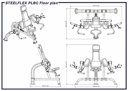 STEELFLEX PLBC Kraftstation Maßzeichnung mit Bodenplan und Abmessungen für Homegym & Studio