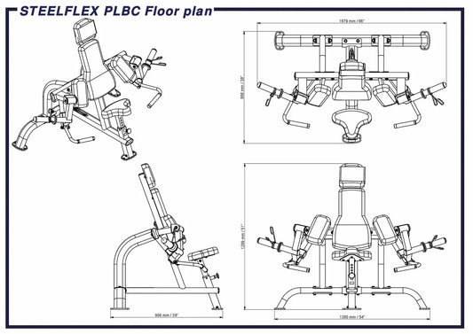STEELFLEX PLBC Kraftstation Maßzeichnung mit Bodenplan und Abmessungen für Homegym & Studio