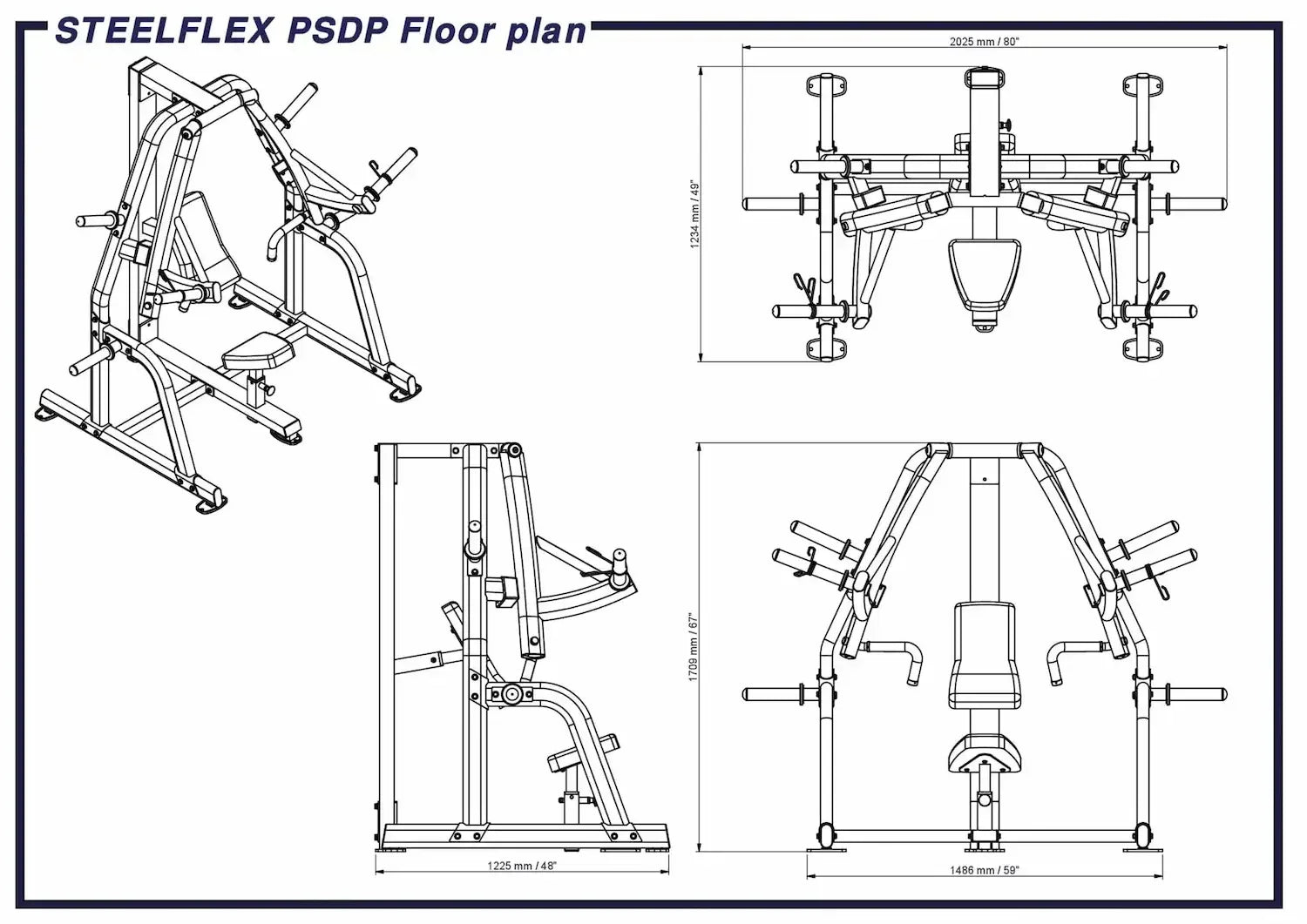 STEELFLEX PSDP Kraftstation Maßzeichnung – Technische Zeichnung mit Abmessungen für Homegym & Studio