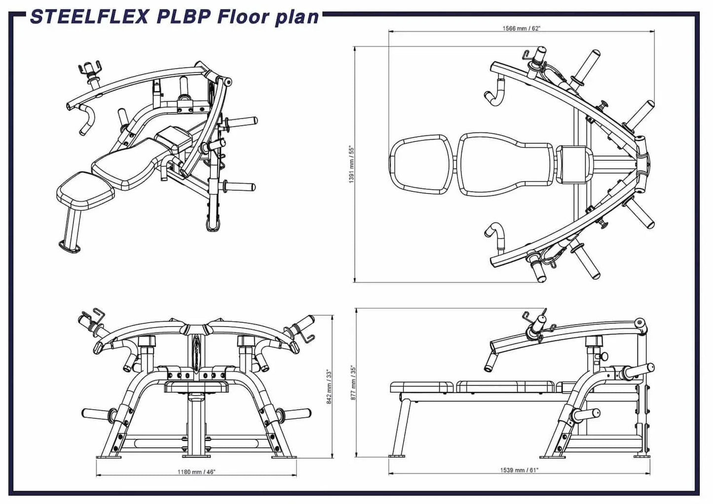 STEELFLEX PLBP Kraftstation Maßzeichnung – technische Zeichnung mit Abmessungen für Homegym & Studio