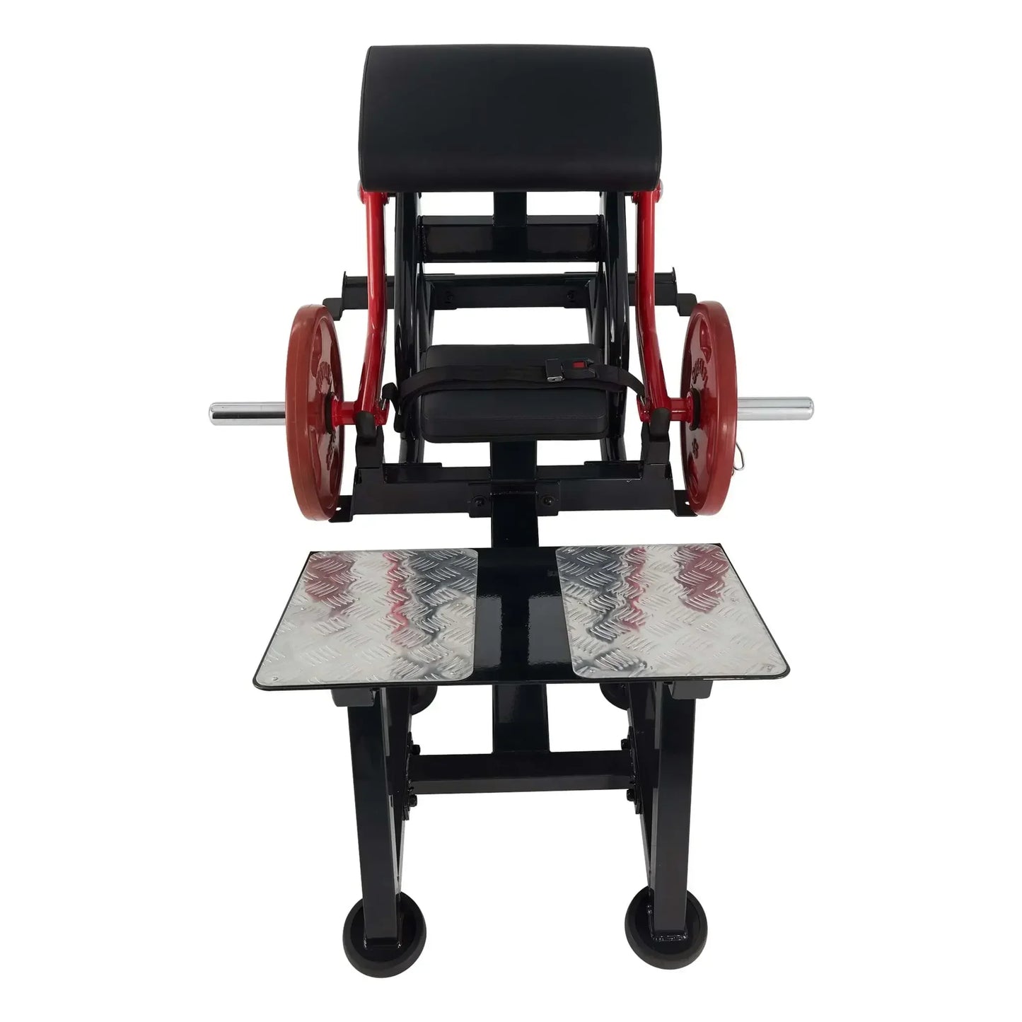 Hochwertige Beinpresse mit roten Gewichten und rutschfesten Pedalen für Homegym & Studio