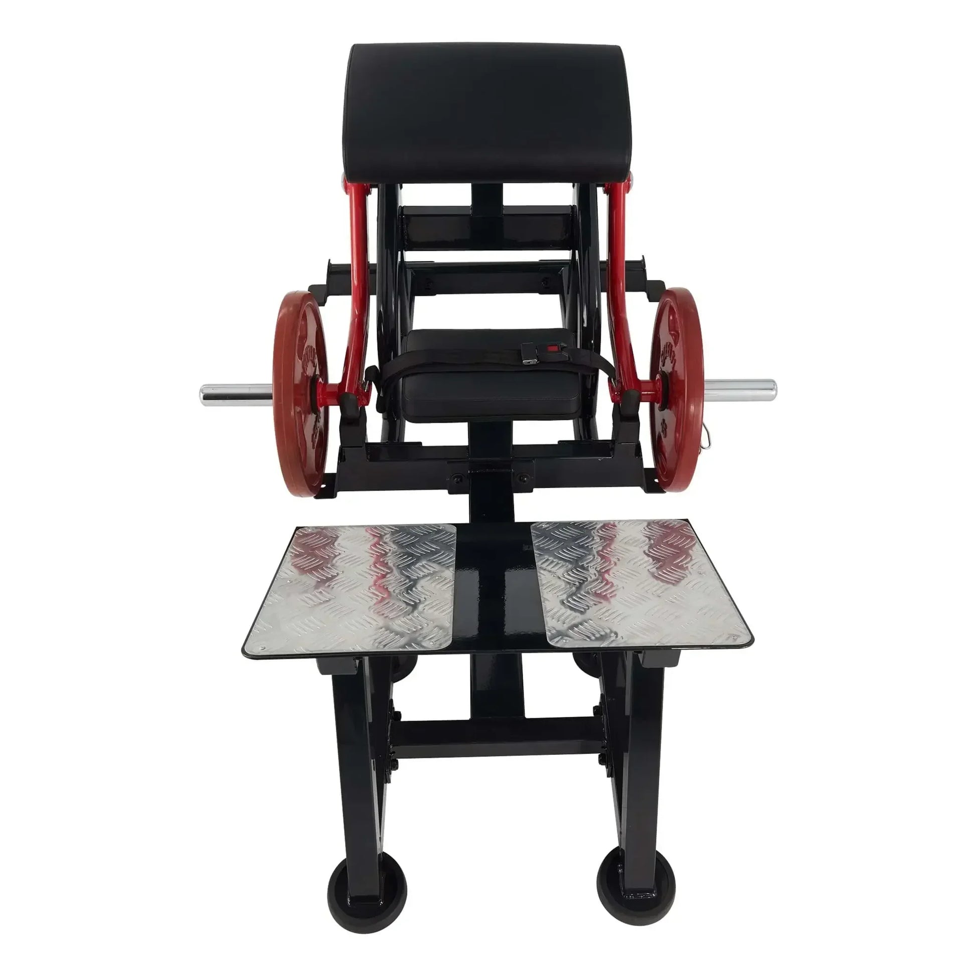 Hochwertige Beinpresse mit roten Gewichten und rutschfesten Pedalen für Homegym & Studio