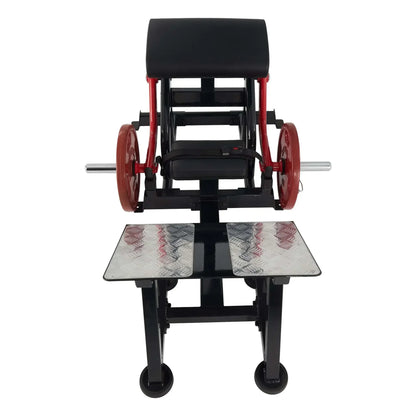 Hochwertige Beinpresse mit roten Gewichten und rutschfesten Pedalen für Homegym & Studio