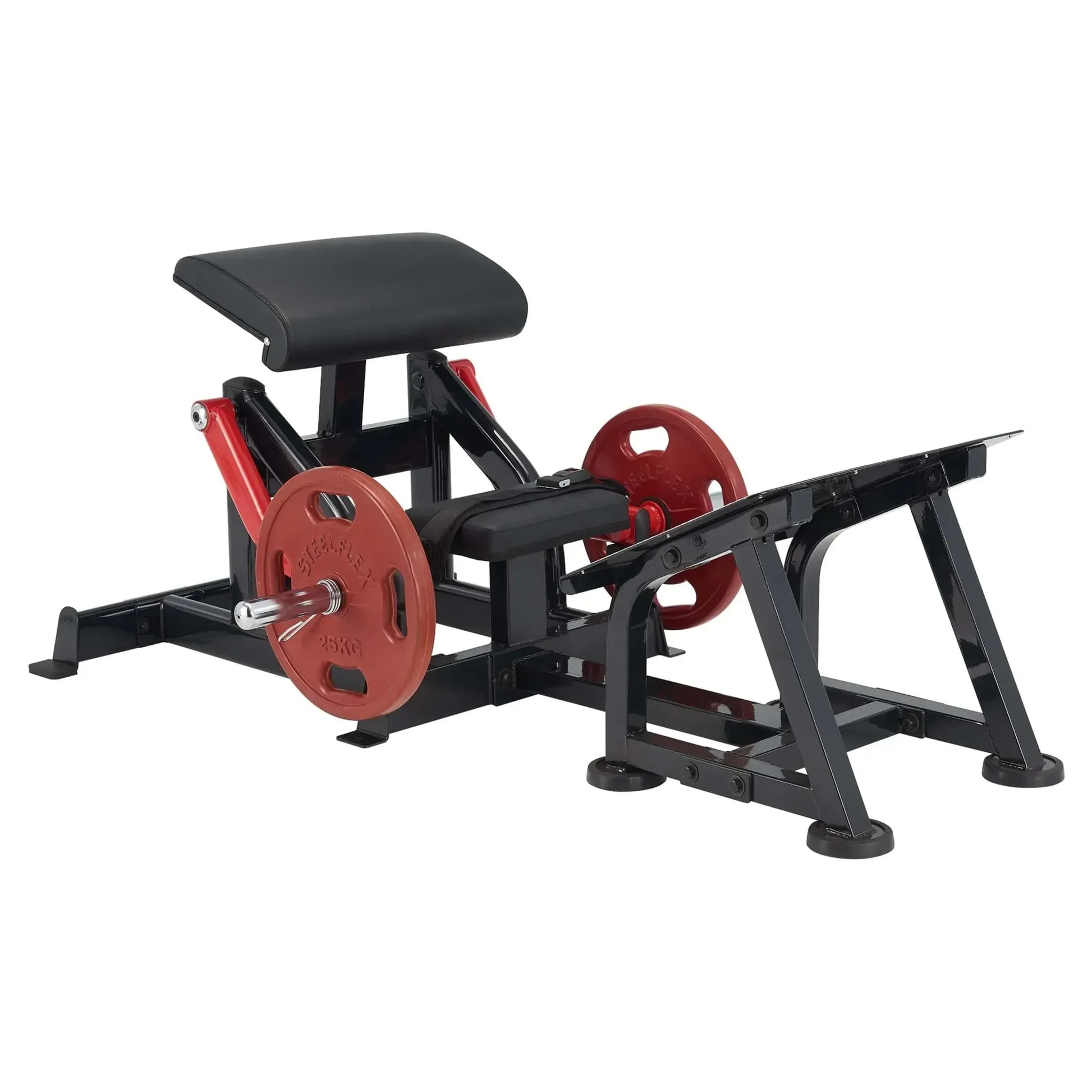 Schwarze Beinpresse mit roten 25kg Scheiben für Homegym & Studio Training