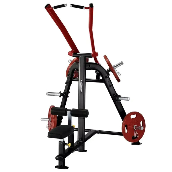 Steelflex PLLA Plate-Load Latzugmaschine mit roten Gewichtsscheiben und Zugarmen für Studio und Home Gym
