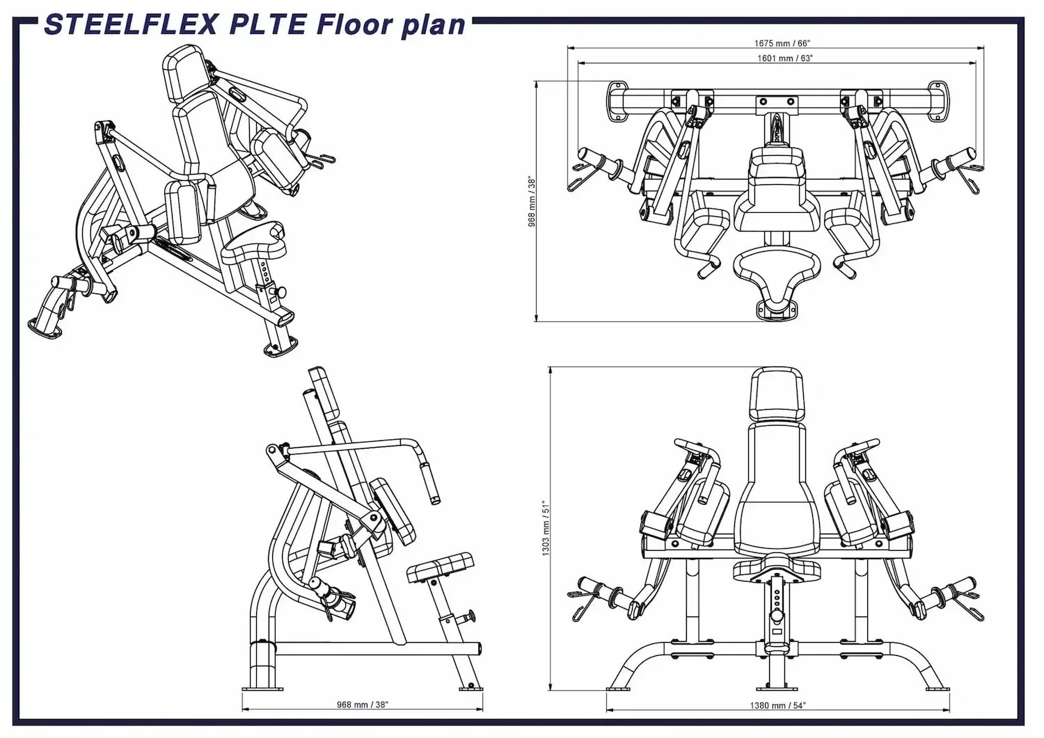 STEELFLEX PLTE Kraftstation Maßzeichnung für Homegym & Studio – detaillierte Abmessungen und Aufbauansicht