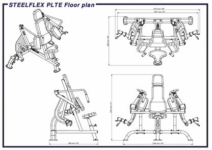 STEELFLEX PLTE Kraftstation Maßzeichnung für Homegym & Studio – detaillierte Abmessungen und Aufbauansicht