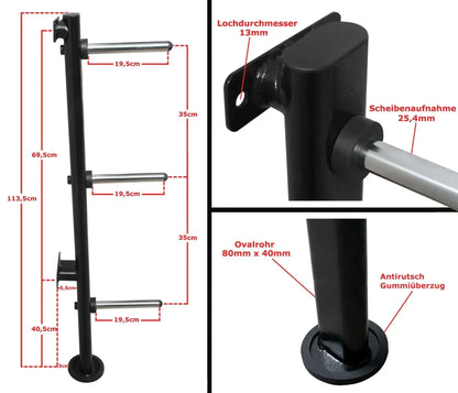 Hantelhalter für Kraftstation mit Maßen, 13mm Lochdurchmesser, 25,4mm Scheibenaufnahme, antirutsch Gummifüße