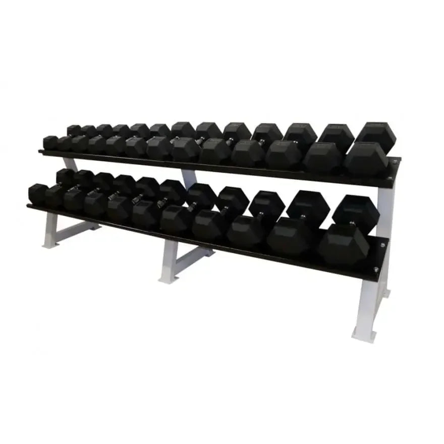 Hantelbank mit schwarzen Sechskant-Hanteln für Homegym & Studio – Fitness-Kraftgeräte