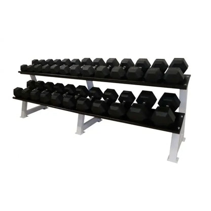 Hantelbank mit schwarzen Sechskant-Hanteln für Homegym & Studio – Fitness-Kraftgeräte
