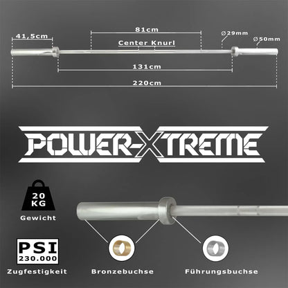 Power-Xtreme Langhantel mit Maßen, 20 kg Gewicht, Bronze- & Führungsbuchse für Krafttraining