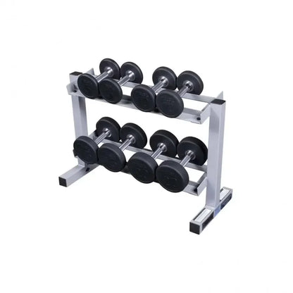 Hantelständer mit schwarzen Hanteln für Homegym und Studio – Fitness-Kraftgeräte