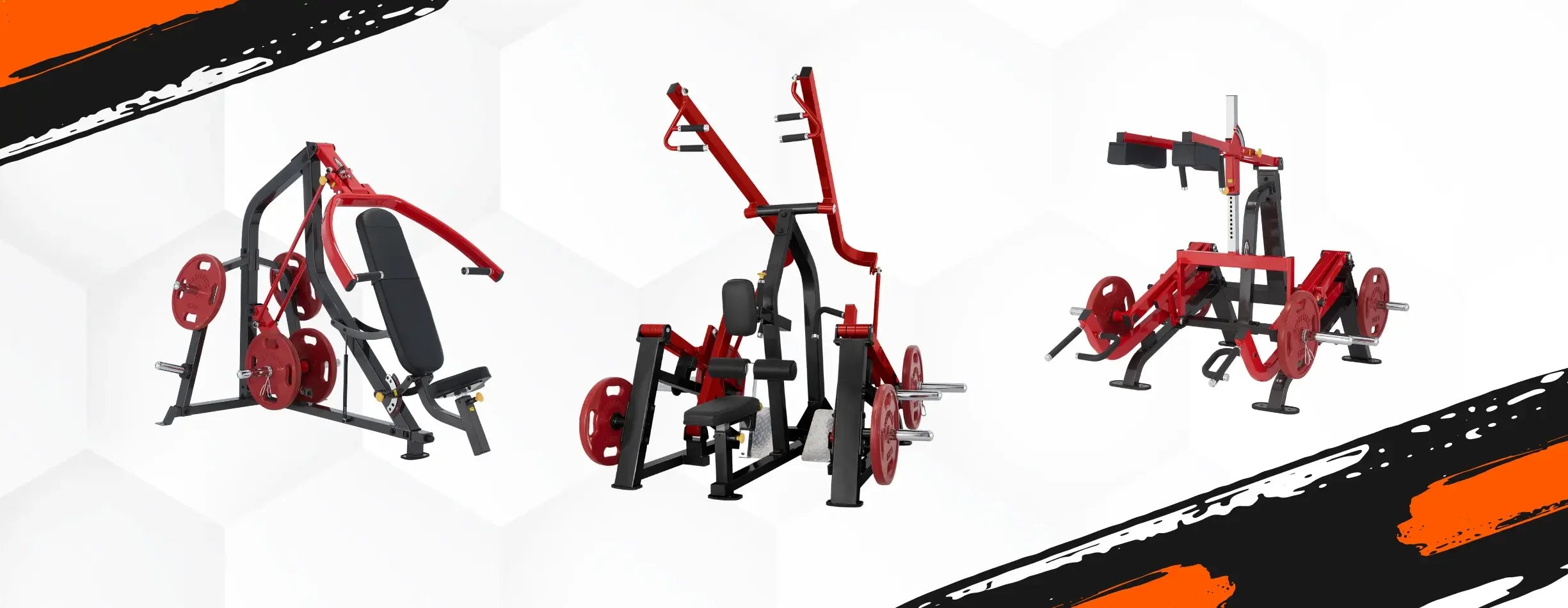 Rote und schwarze Kraftstationen für Homegym & Studio mit Hantelbänken und Gewichten