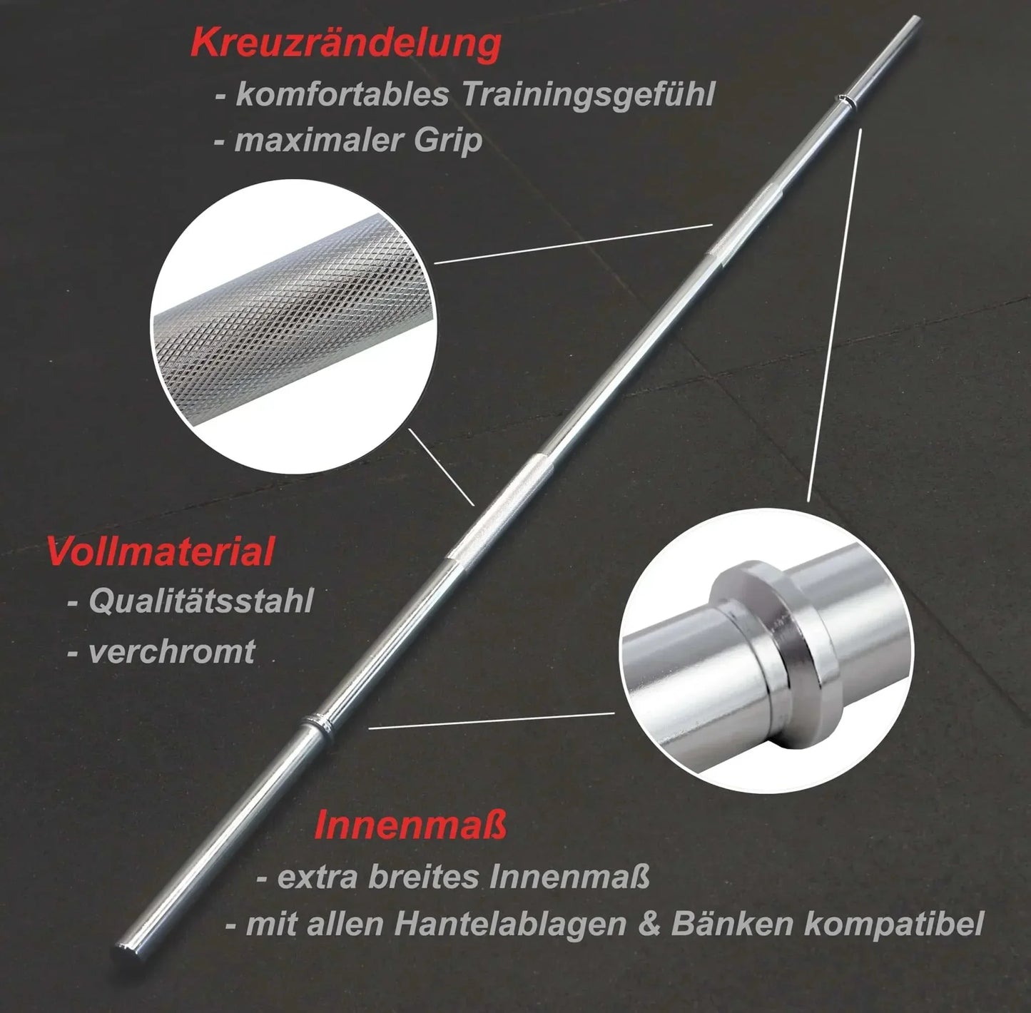 Verchromte Langhantelstange mit Kreuzrändelung & extra breitem Innenmaß für Homegym & Studio