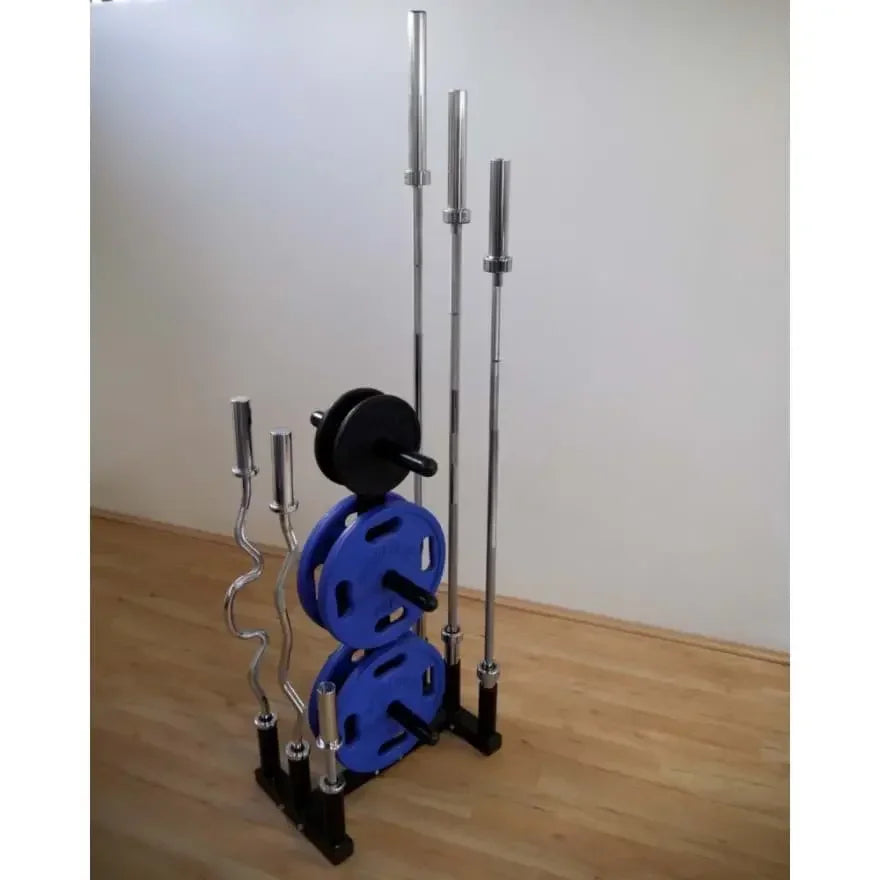 Hantelstangen und blaue Gewichte auf Halterung für Homegym oder Studio